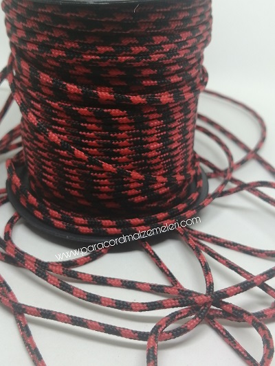 2 mm Paracord İp Kırmızı Siyah Renk 45 Metre Makara Sargı